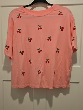 Vine & Love Pink Cherry Embroidered Short Sleeve Tee